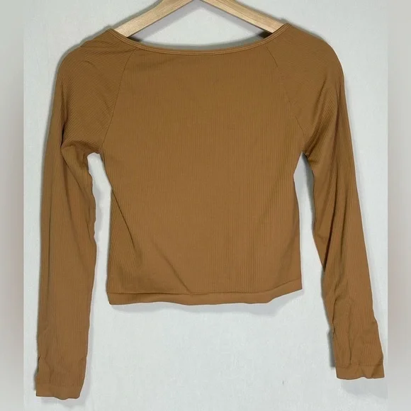 Nikibiki Womens Ribbed Square Neck Long Sleeve Top Camel Tan Seamless NS4061 - Picture 4 of 4